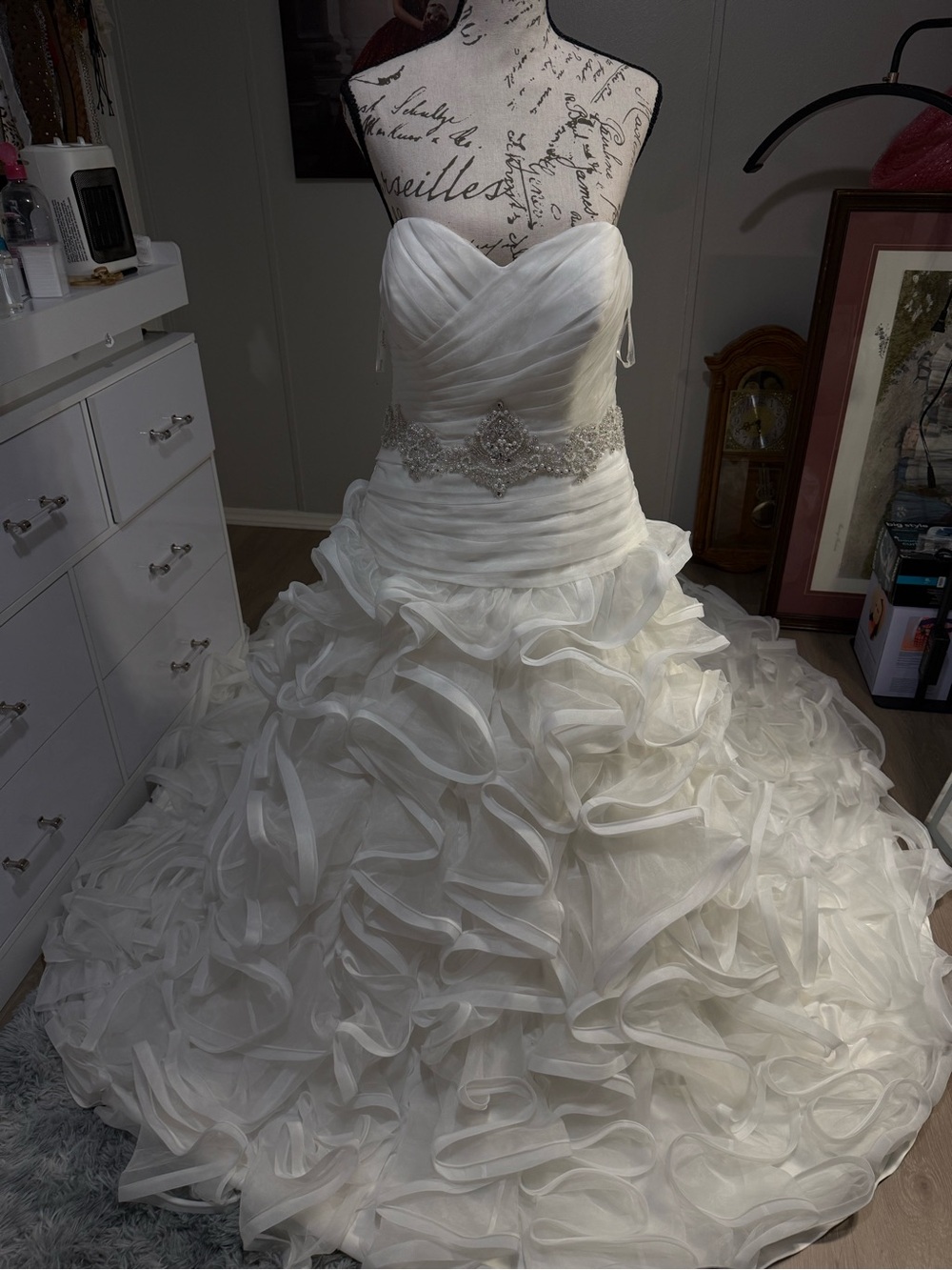 Galina Signature SWG492 White Sweetheart Ball Gown Train Beaded Ruffle Sz 12